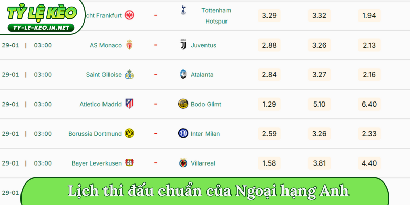 Lịch thi đấu chuẩn của Ngoại hạng Anh